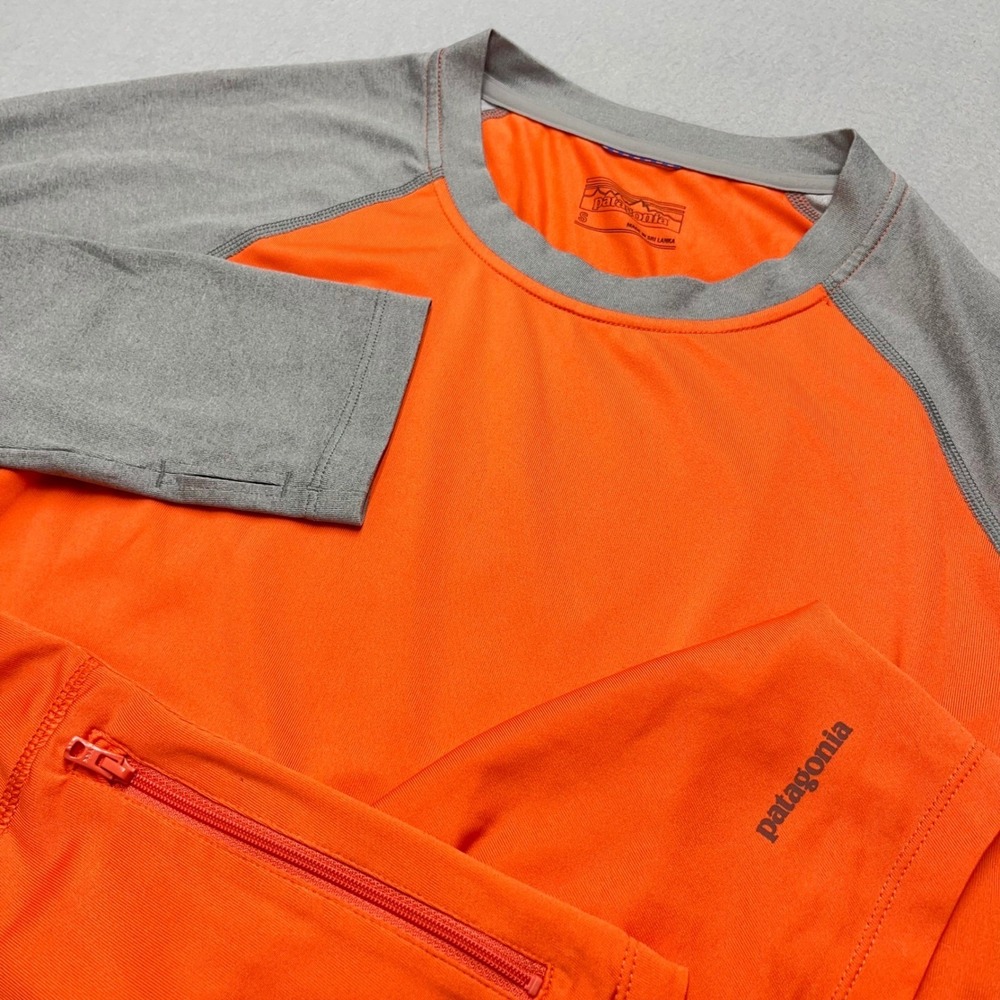 New Patagonia Long Sleeve Shirt Orange Grey Raglan Size S Poly blend Worn Wear